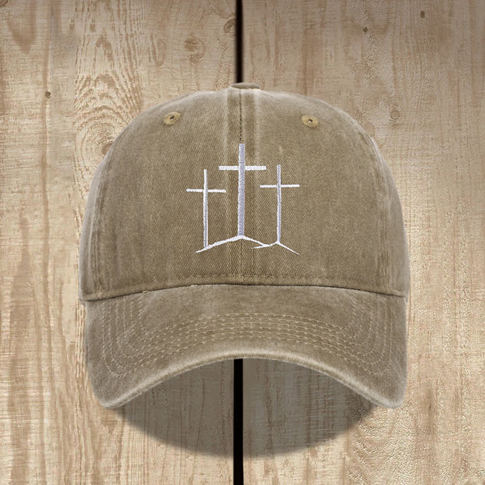 Christianartworkshop Three Crosses Faith Embroidery Classic Washed Hat - Khaki - image 4