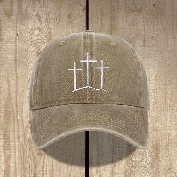 Christianartworkshop Three Crosses Faith Embroidery Classic Washed Hat - Khaki - image 4