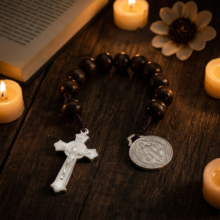Christianartworkshop Striped Wood Bead Car Hanging With Jesus Crucifix & Holy Figure Medal: Emblem of Roadside Heavenly Safeguard - image 15