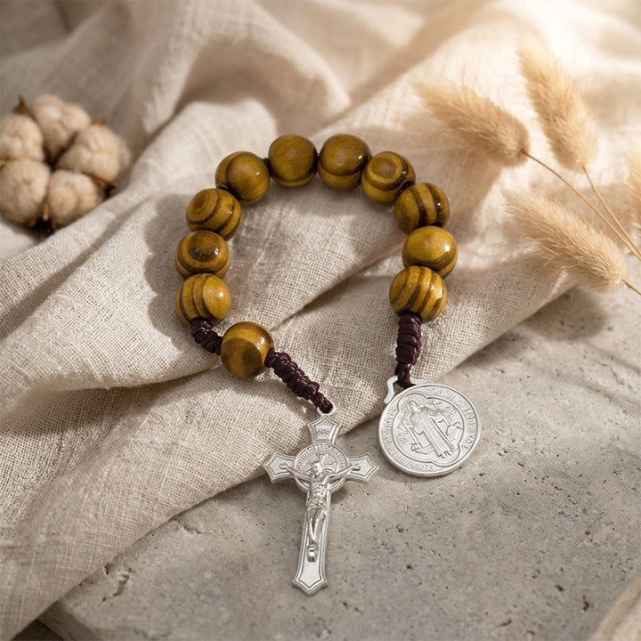 Christianartworkshop Striped Wood Bead Car Hanging With Jesus Crucifix & Holy Figure Medal: Emblem of Roadside Heavenly Safeguard - image 6