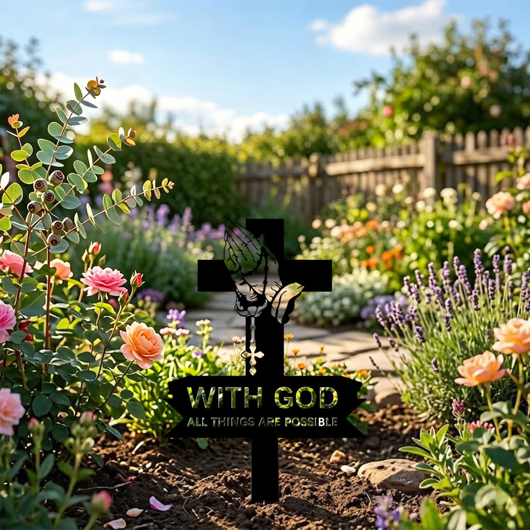Christianartworkshop Cross Praying Hands Metal Lawn Stake With Inspirational Text: Emblem of Unshakable Sacred Conviction - image 2