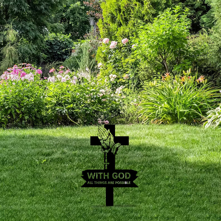 Christianartworkshop Cross Praying Hands Metal Lawn Stake With Inspirational Text: Emblem of Unshakable Sacred Conviction - image 4