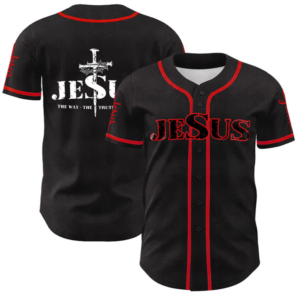 Christianartworkshop Jesus Cross Nail and Crown of Thorns Baseball Jersey - Black Jesus - Red - 5XL - image 7