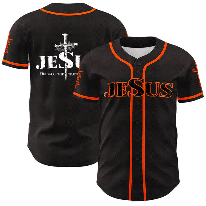 Christianartworkshop Jesus Cross Nail and Crown of Thorns Baseball Jersey - Black Jesus - Orange - 5XL - image 14