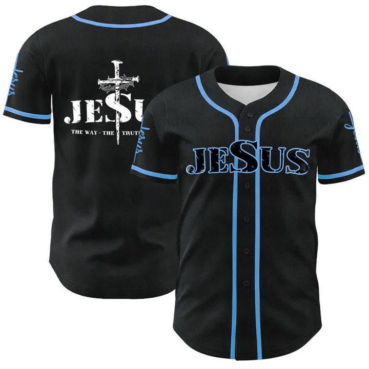 Christianartworkshop Jesus Cross Nail and Crown of Thorns Baseball Jersey - Black Jesus - Sky Blue - 5XL - image 20