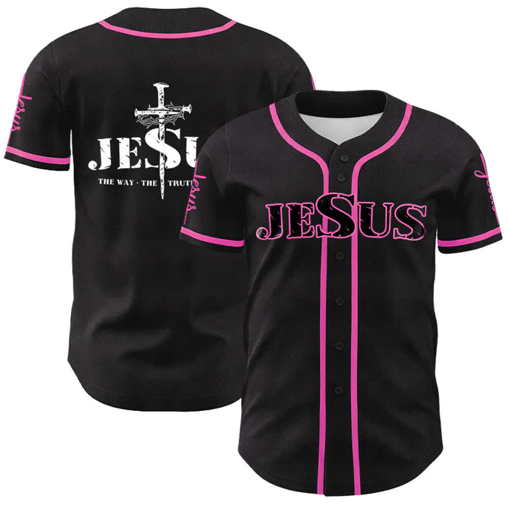 Christianartworkshop Jesus Cross Nail and Crown of Thorns Baseball Jersey - Black Jesus - Pink - 5XL - image 19