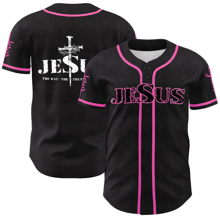 Christianartworkshop Jesus Cross Nail and Crown of Thorns Baseball Jersey - Black Jesus - Pink - 5XL - image 19