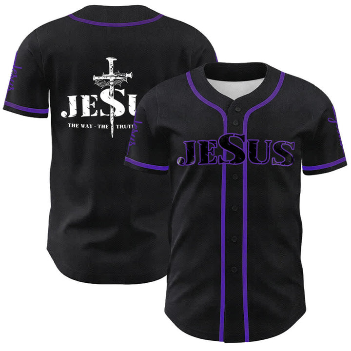 Christianartworkshop Jesus Cross Nail and Crown of Thorns Baseball Jersey - Black Jesus - Purple - 5XL - image 29