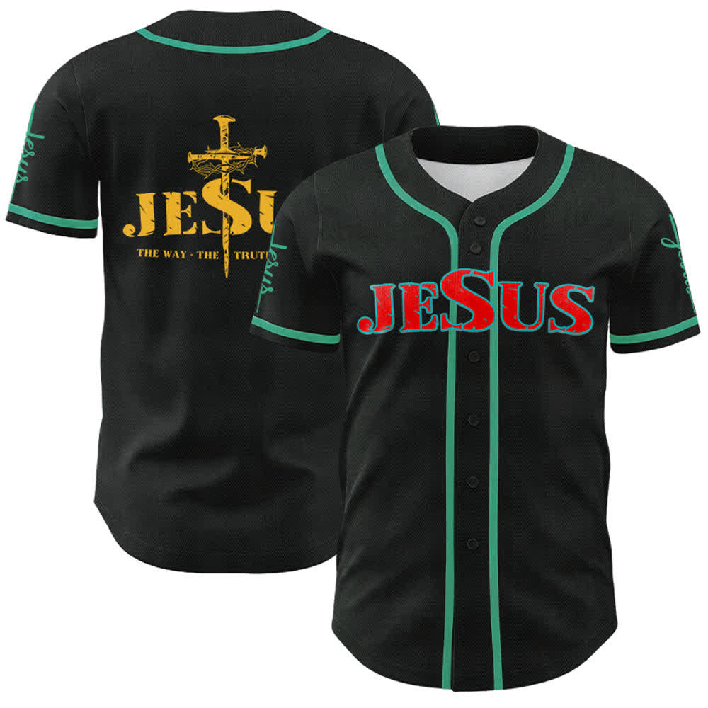 Christianartworkshop Jesus Cross Nail and Crown of Thorns Baseball Jersey - Red Jesus - Lake Blue - 5XL - image 44