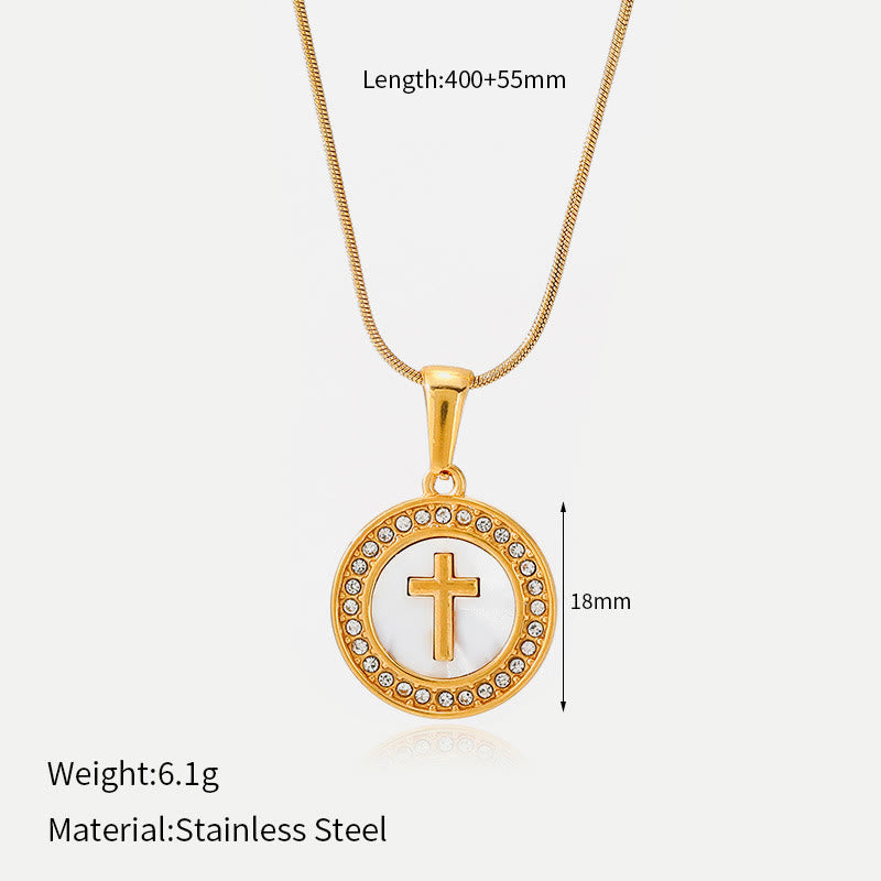 Christianartworkshop Sparkling Rhinestone‑Encircled Round Cross Medallion Necklace: Emblem of Abiding Heavenly Shelter - White Shell - image 9