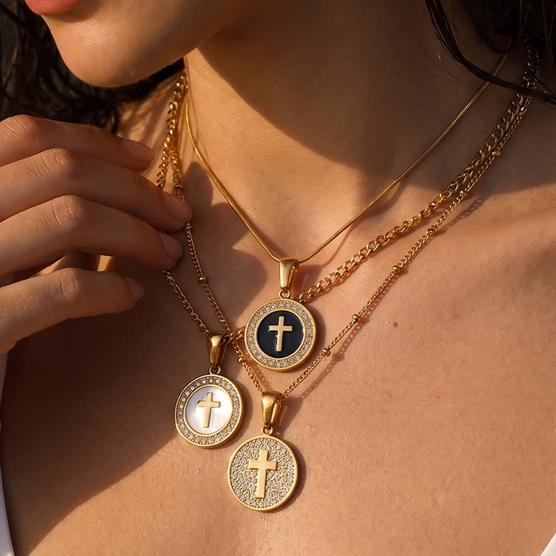 Christianartworkshop Sparkling Rhinestone‑Encircled Round Cross Medallion Necklace: Emblem of Abiding Heavenly Shelter - image 1