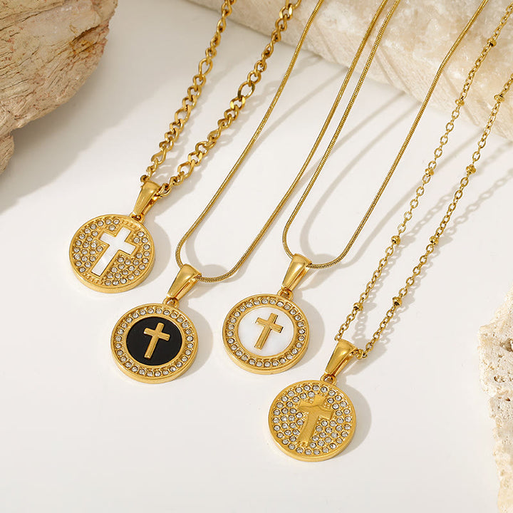Christianartworkshop Sparkling Rhinestone‑Encircled Round Cross Medallion Necklace: Emblem of Abiding Heavenly Shelter - image 3
