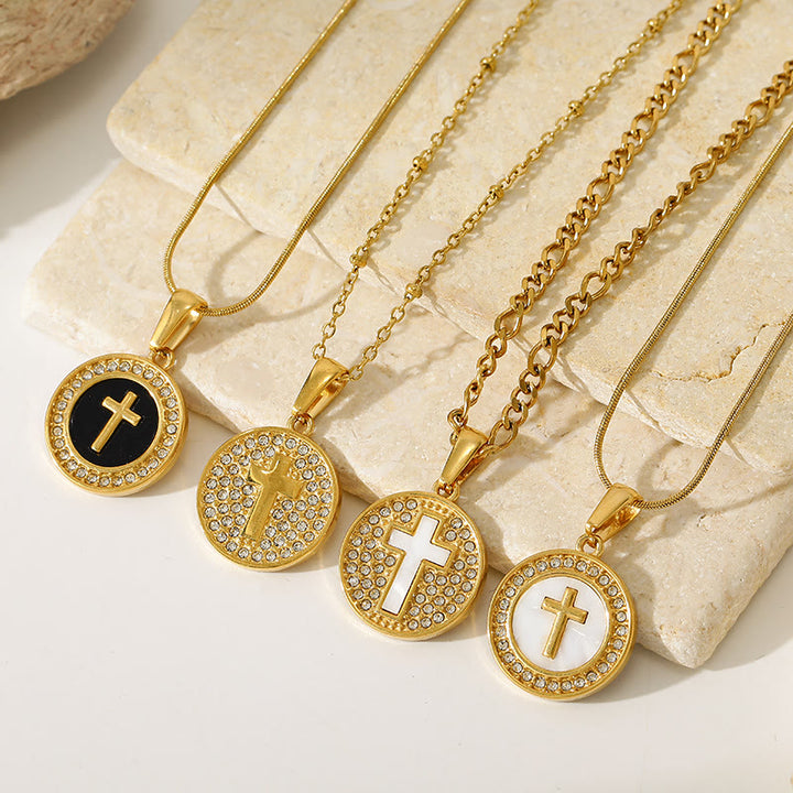 Christianartworkshop Sparkling Rhinestone‑Encircled Round Cross Medallion Necklace: Emblem of Abiding Heavenly Shelter - image 0