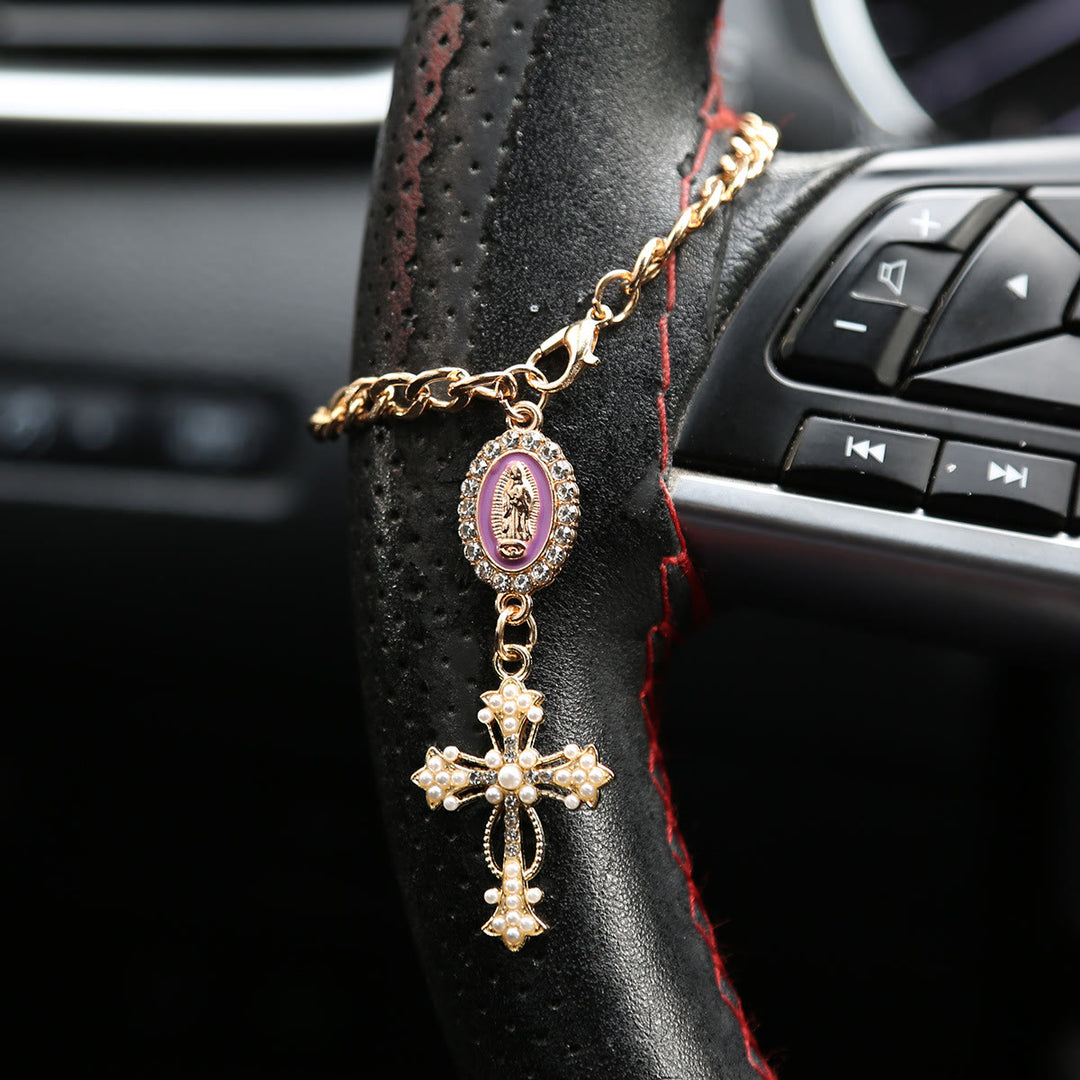 Christianartworkshop Rhinestone‑Framed Our Lady Medallion Car Hanging Ornament: Token of Gentle Heavenly Guidance for Road Travel - A - Purple - image 3