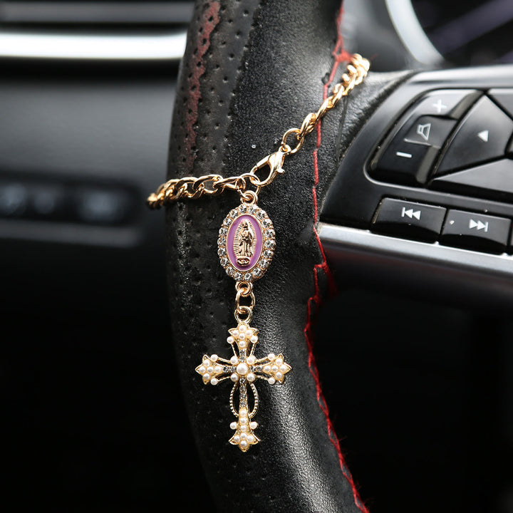 Christianartworkshop Rhinestone‑Framed Our Lady Medallion Car Hanging Ornament: Token of Gentle Heavenly Guidance for Road Travel - A - Purple - image 3