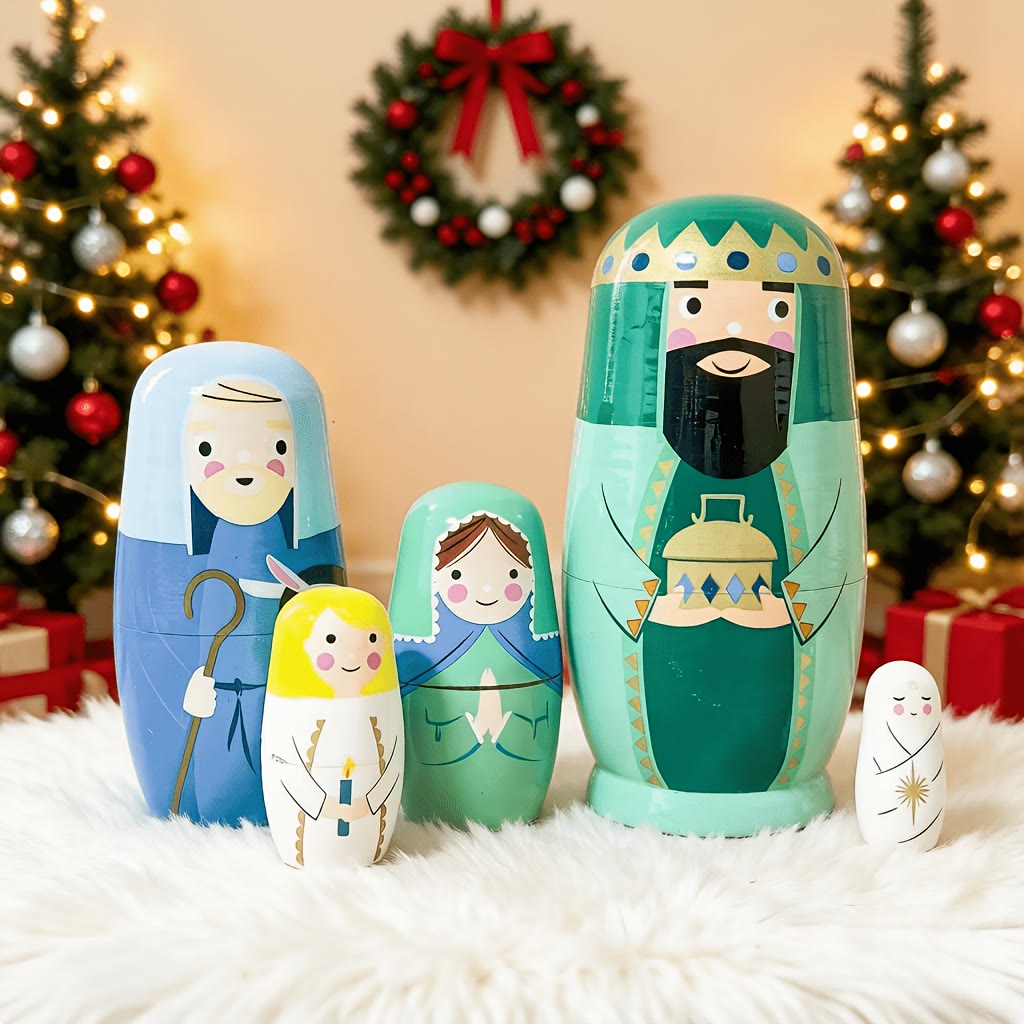 Christianartworkshop Nativity Scene Wooden Nesting Dolls: A Whimsical Retelling of The Holy Night - 5pcs/set - image 0