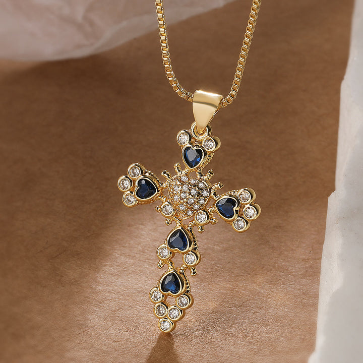 Christianartworkshop Heart‑Gem Ornate Cross Pendant Necklace: Emblem of Tender Heavenly Devotion - Blue - image 2