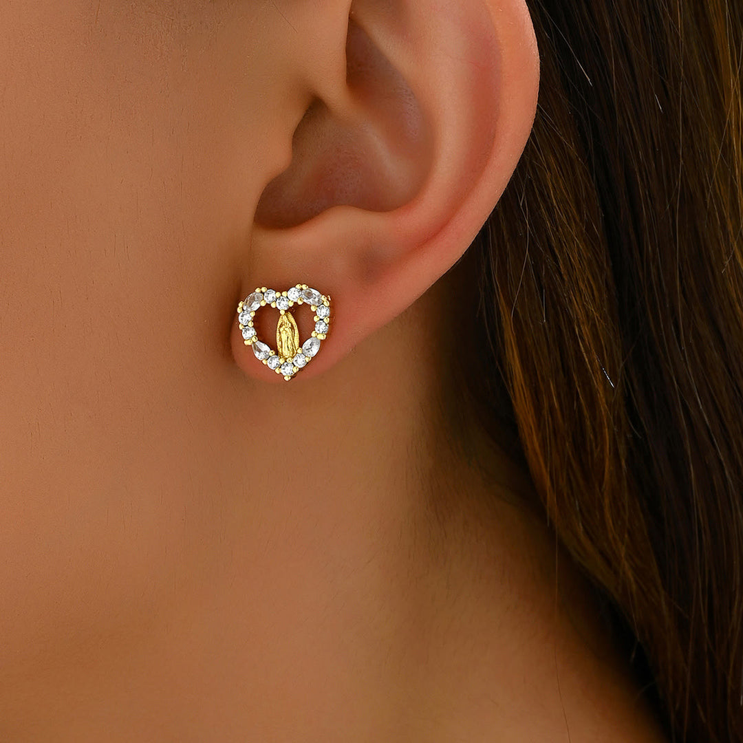 Christianartworkshop Sparkling Halo Heart Our Lady of Guadalupe Stud Earrings: Celestial Emblem of Maternal Grace - image 1