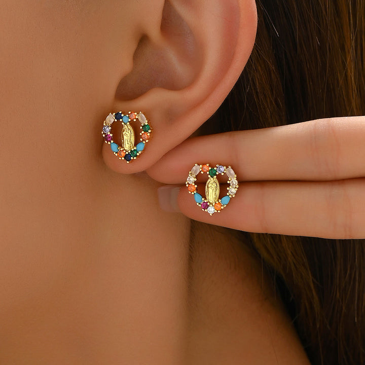 Christianartworkshop Sparkling Halo Heart Our Lady of Guadalupe Stud Earrings: Celestial Emblem of Maternal Grace - Multicolor - image 4