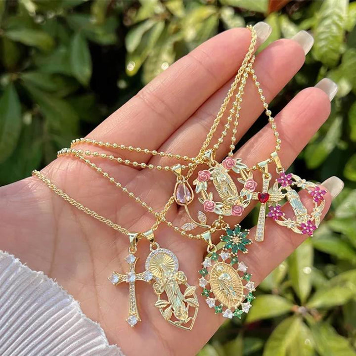 Christianartworkshop Dual-Pendant Our Lady of Guadalupe Necklace with Floral Medallion: Emblem of Celestial Maternal Grace - image 0