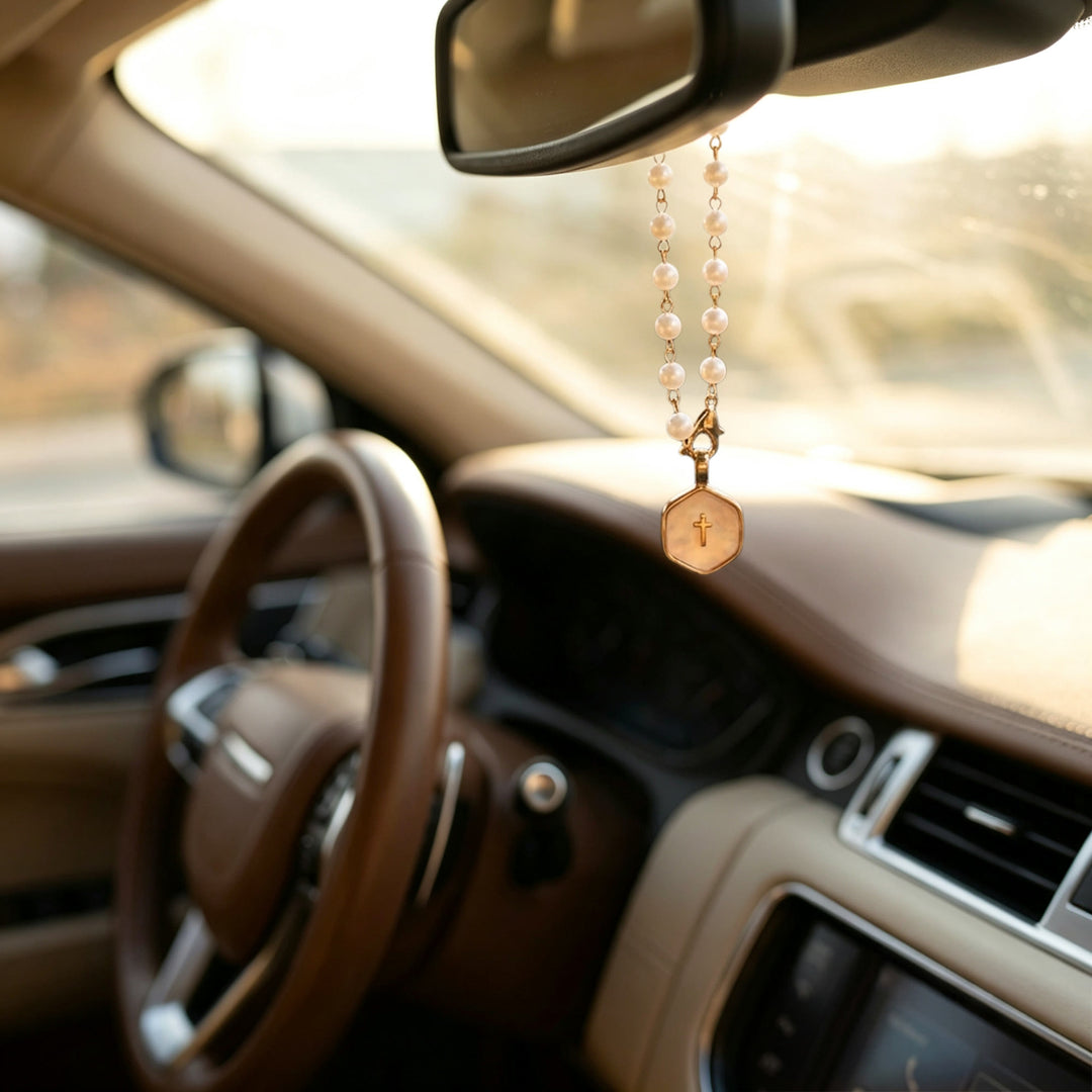 Christianartworkshop Pearl Strand Rearview Mirror Cross Car Pendant: Emblem of Heavenly Travel Protection - image 7