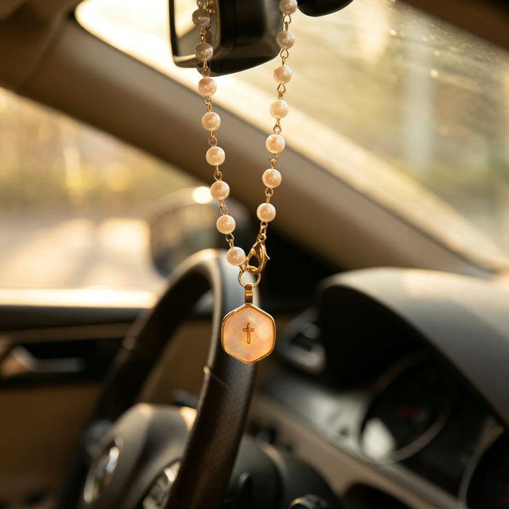 Christianartworkshop Pearl Strand Rearview Mirror Cross Car Pendant: Emblem of Heavenly Travel Protection - image 8