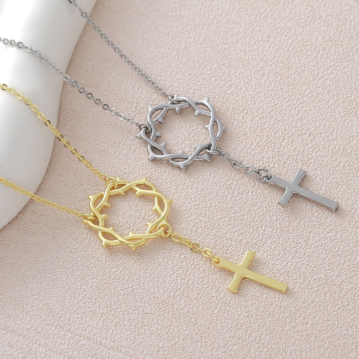 Christianartworkshop Crown of Thorns Lariat Necklace with Polished Cross: Emblem of Sacred Redemptive Grace - image 1