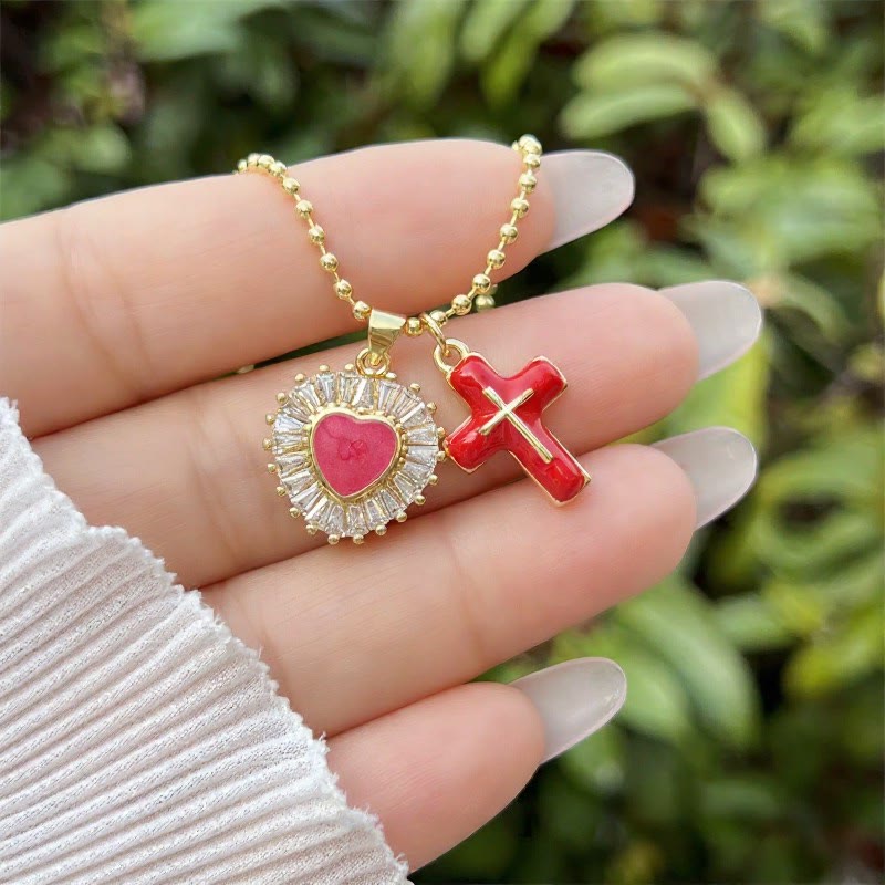 Christianartworkshop Enamel Heart & Cross Dual Charm Ball Chain Necklace: Emblem of Tender Heavenly Mercy - Red - image 6
