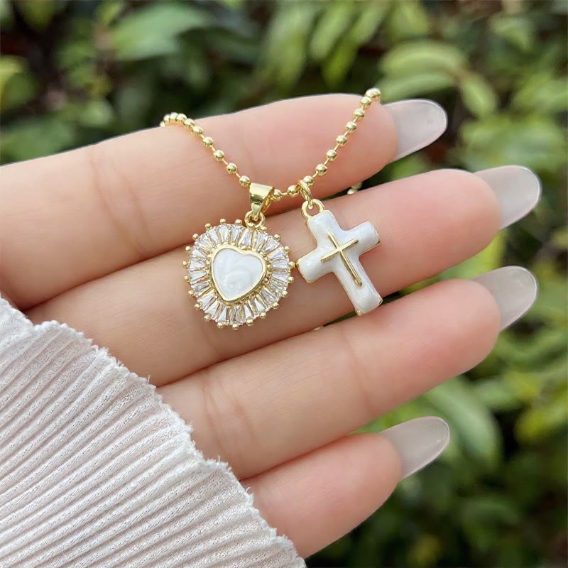 Christianartworkshop Enamel Heart & Cross Dual Charm Ball Chain Necklace: Emblem of Tender Heavenly Mercy - White - image 5