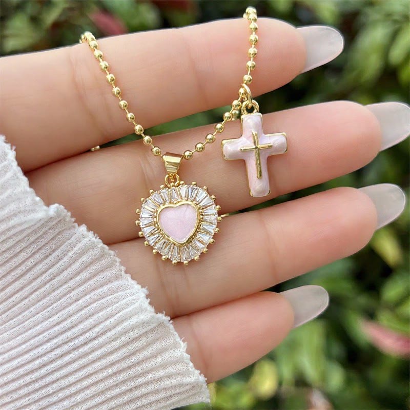 Christianartworkshop Enamel Heart & Cross Dual Charm Ball Chain Necklace: Emblem of Tender Heavenly Mercy - Pink - image 1