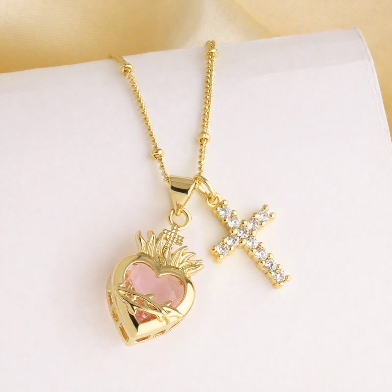 Christianartworkshop Dual Charm Sacred Heart & Pavé Cross Necklace: Emblem of Boundless Heavenly Compassion - Flame - image 7