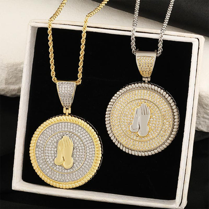 Christianartworkshop Iced Praying Hands Round Medallion Necklace: Emblem of Sincere Heavenly Supplication - White+Twist Chain - image 3