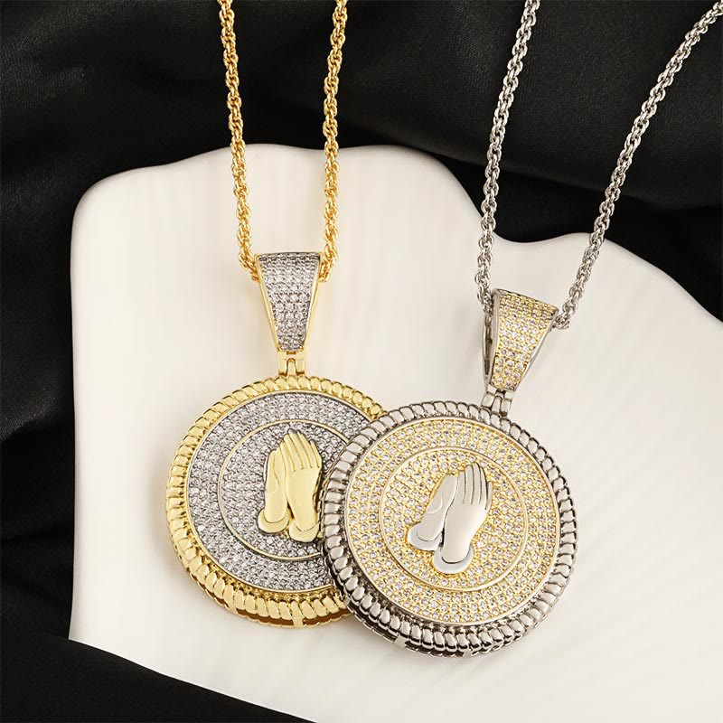 Christianartworkshop Iced Praying Hands Round Medallion Necklace: Emblem of Sincere Heavenly Supplication - image 5