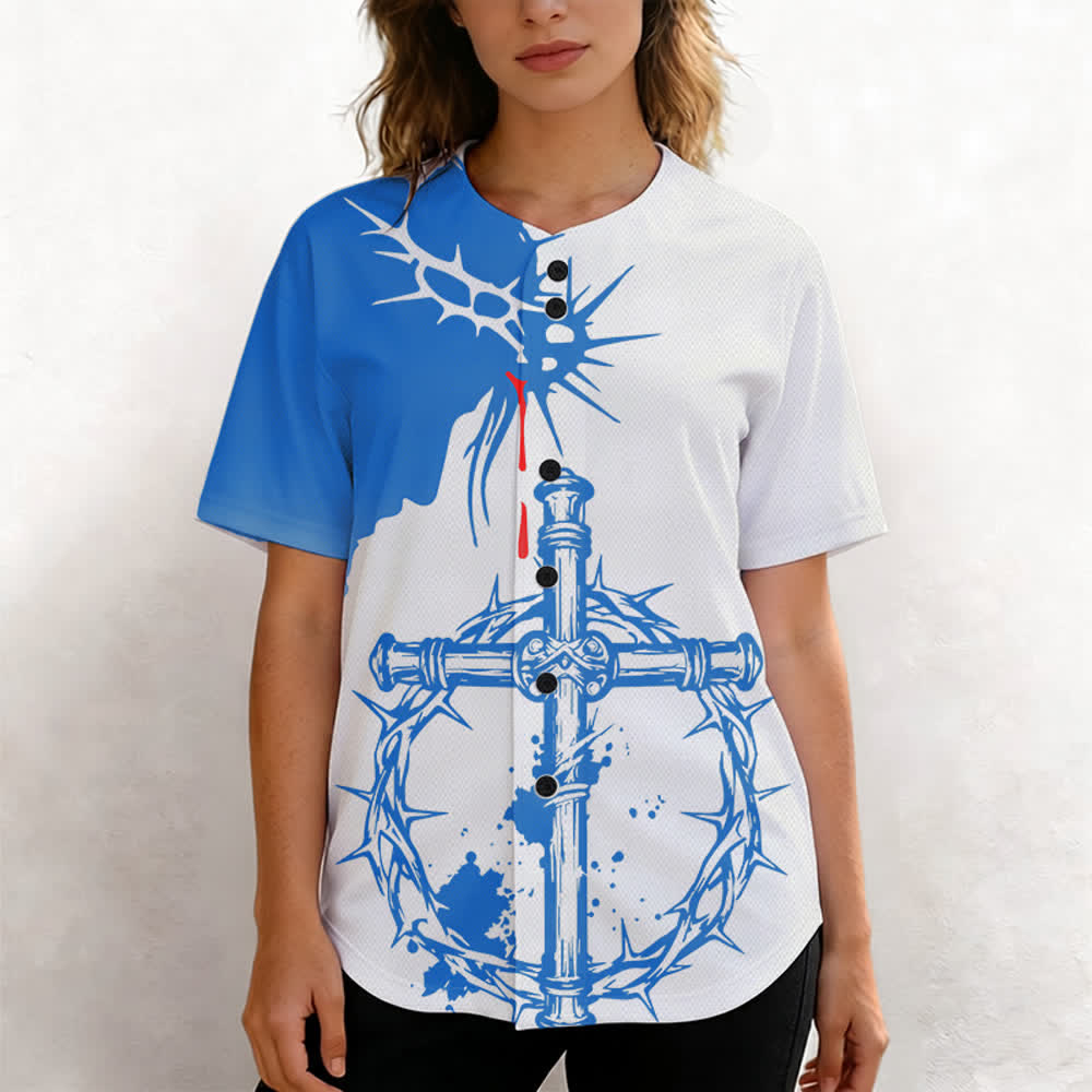 Christianartworkshop Two-Tone White Blue Thorn Wrapped Cross Faith Unisex Baseball Jersey - image 5
