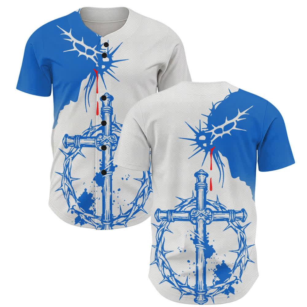 Christianartworkshop Two-Tone White Blue Thorn Wrapped Cross Faith Unisex Baseball Jersey - 5XL - image 0