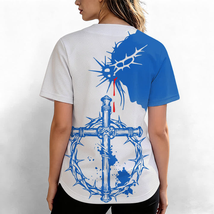 Christianartworkshop Two-Tone White Blue Thorn Wrapped Cross Faith Unisex Baseball Jersey - image 6