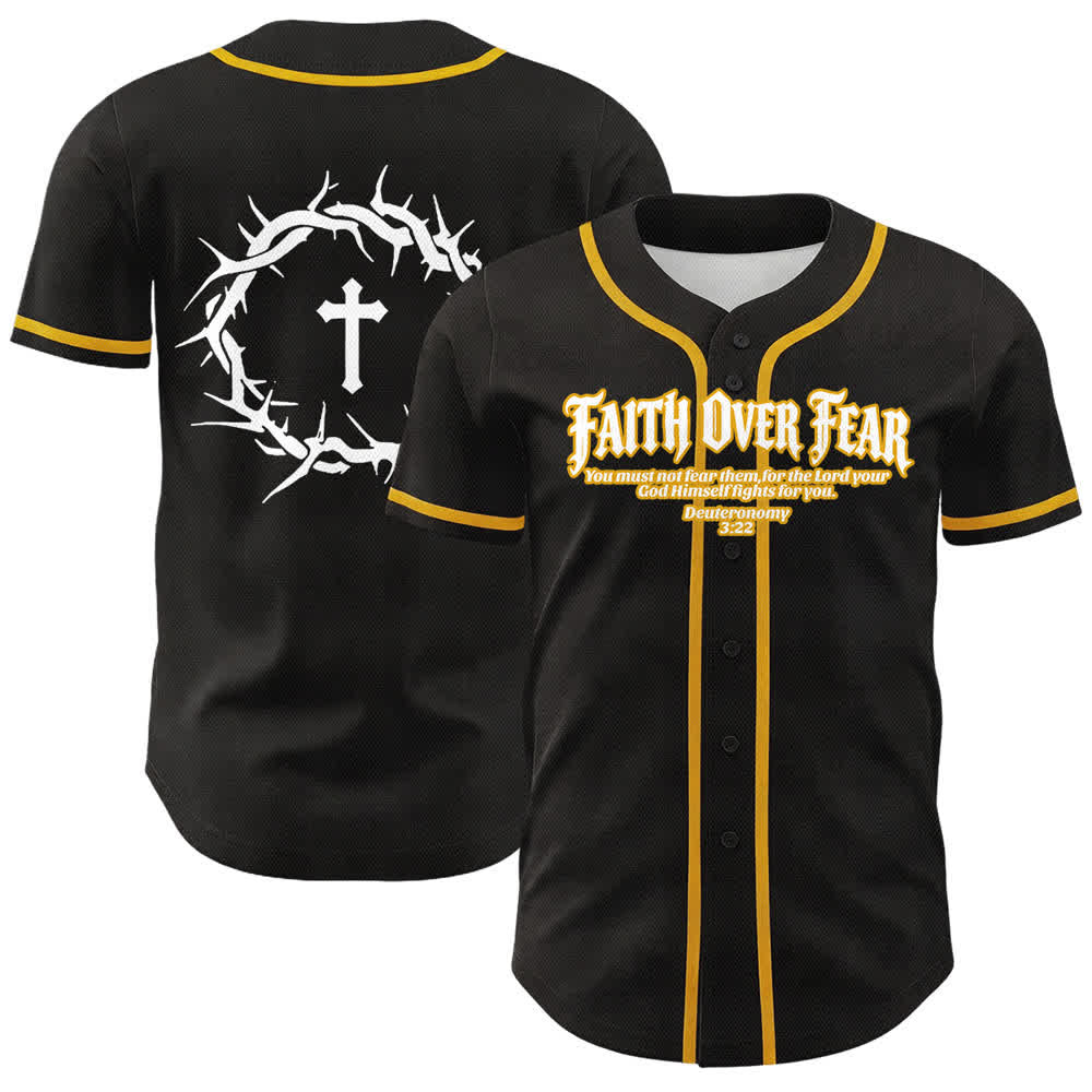 Christianartworkshop Faith Over Fear Crown Of Thorns Cross Scripture Graphic Unisex Baseball Jersey - Golden - 5XL - image 0