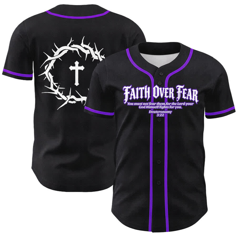 Christianartworkshop Faith Over Fear Crown Of Thorns Cross Scripture Graphic Unisex Baseball Jersey - Purple - 5XL - image 24