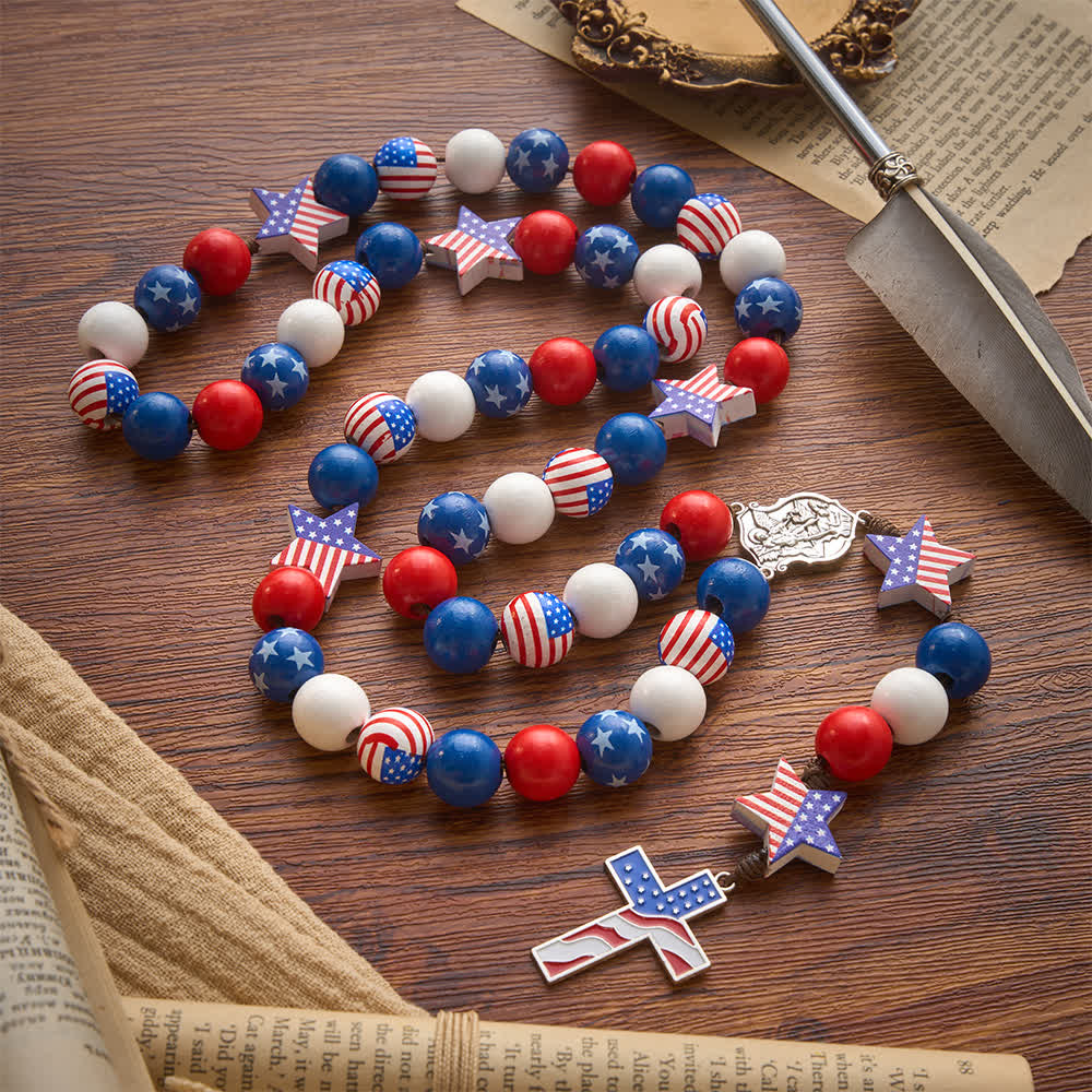 Christianartworkshop Two-Style Patriotic American Flag Cross Rosary with Red White Blue Stars & Stripes Beads - Style B - image 8
