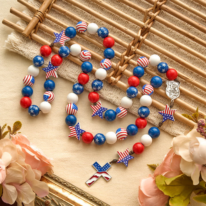 Christianartworkshop Two-Style Patriotic American Flag Cross Rosary with Red White Blue Stars & Stripes Beads - image 11