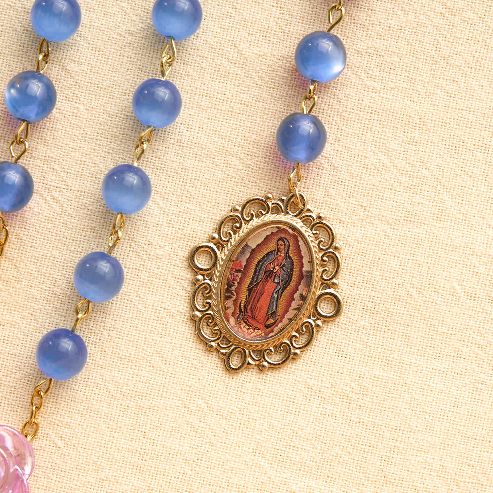 Christianartworkshop Blue Cat’s Eye Rose Rosary With Our Lady Medal: Token of Gentle Heavenly Mercy - image 6