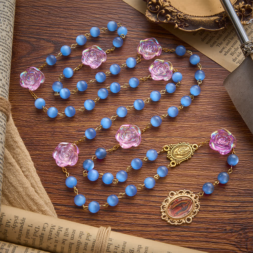 Christianartworkshop Blue Cat’s Eye Rose Rosary With Our Lady Medal: Token of Gentle Heavenly Mercy - image 2