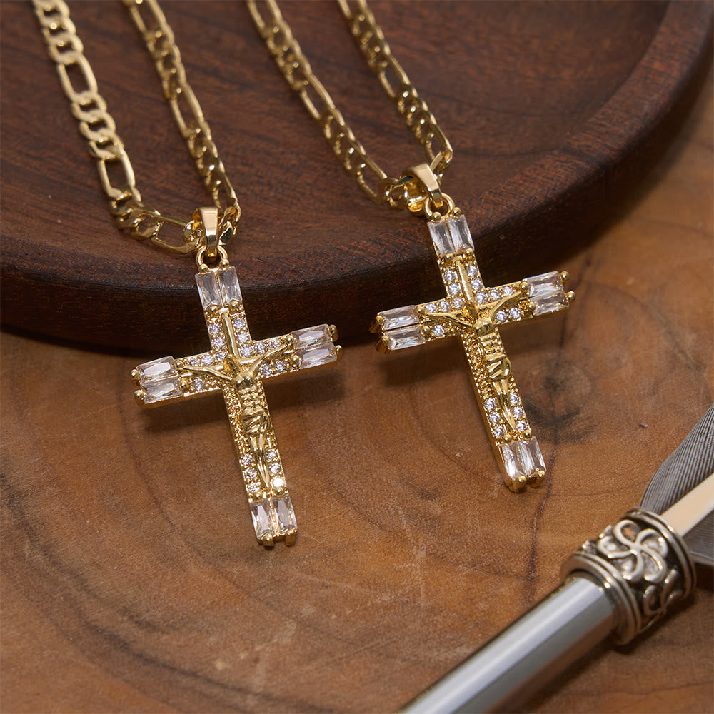 Christianartworkshop Baguette Crystal Crucifix Figaro Chain Necklace: Emblem of Everlasting Divine Mercy - Crucifix - image 0