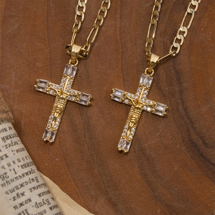 Christianartworkshop Baguette Crystal Crucifix Figaro Chain Necklace: Emblem of Everlasting Divine Mercy - image 1