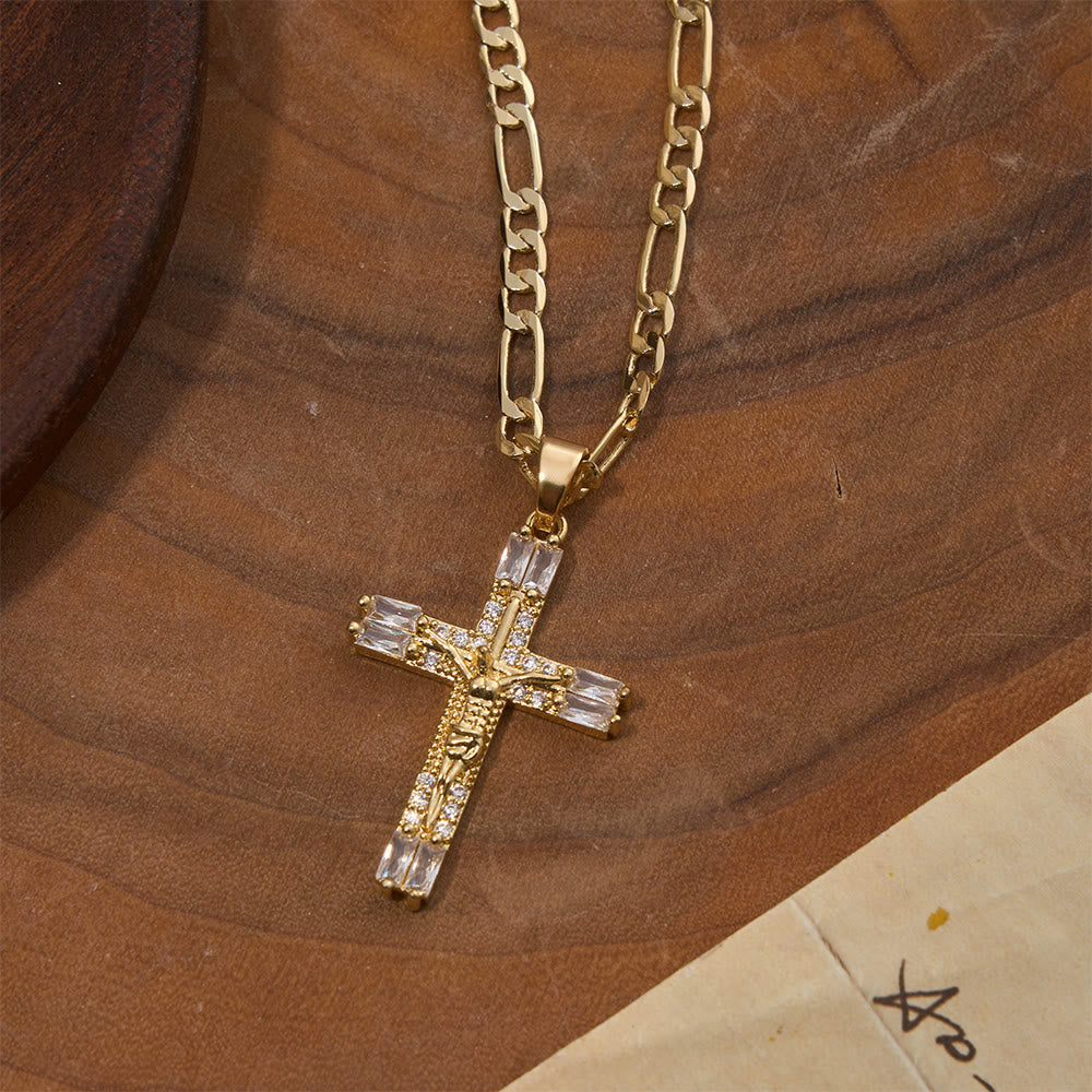 Christianartworkshop Baguette Crystal Crucifix Figaro Chain Necklace: Emblem of Everlasting Divine Mercy - image 2