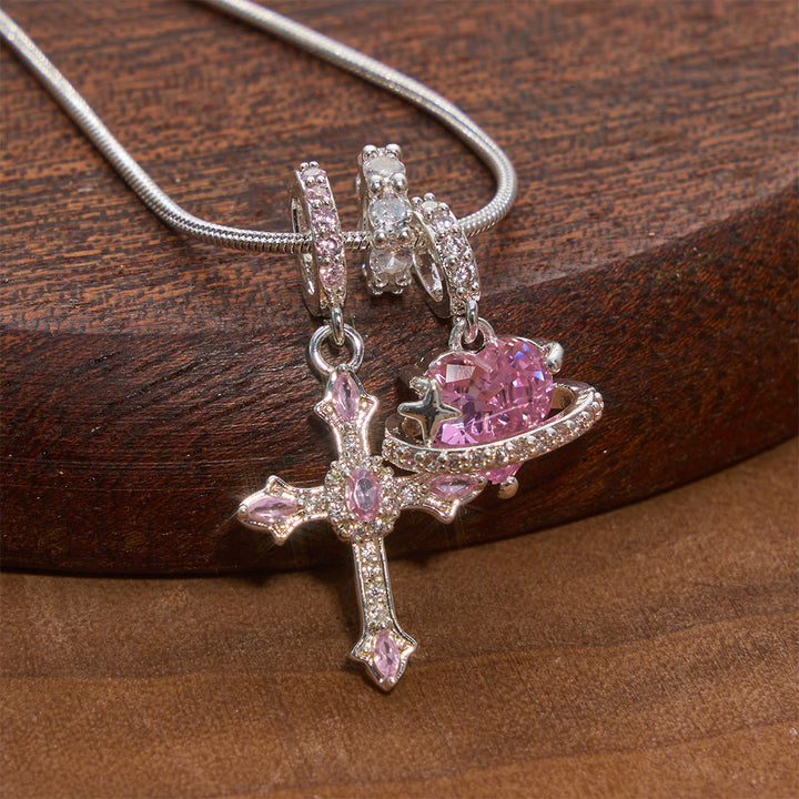 Christianartworkshop Whimsical Heart Planet & Jeweled Cross Necklace: Symbol of Unfailing Celestial Care - Silver - image 3