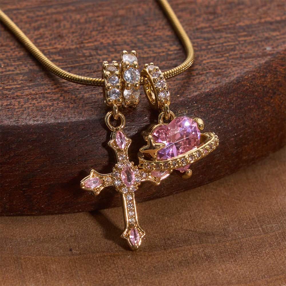 Christianartworkshop Whimsical Heart Planet & Jeweled Cross Necklace: Symbol of Unfailing Celestial Care - Golden - image 0