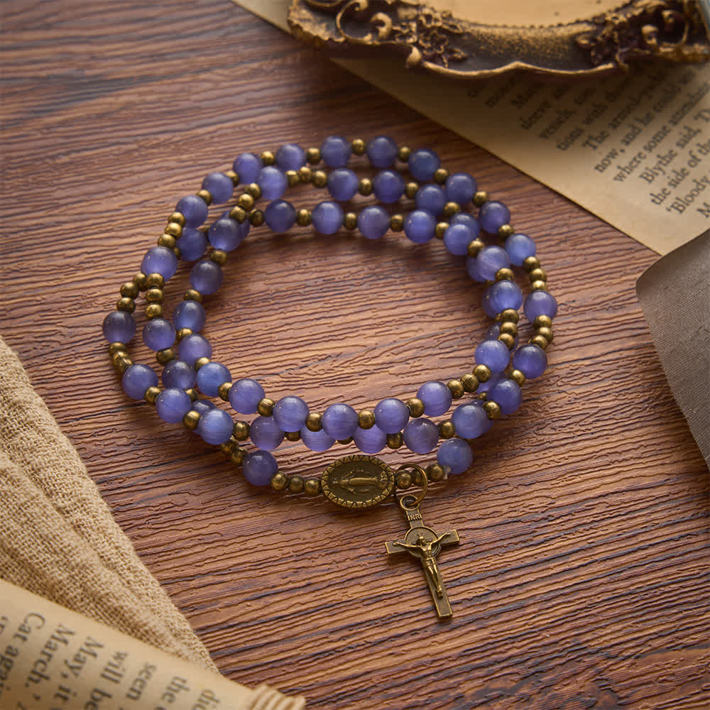 Christianartworkshop Lustrous Purple Cat’s Eye Rosary Bracelet: Bearer of Soft Heavenly Blessings - Purple Cat's Eyes Rosary Bracelet - image 0