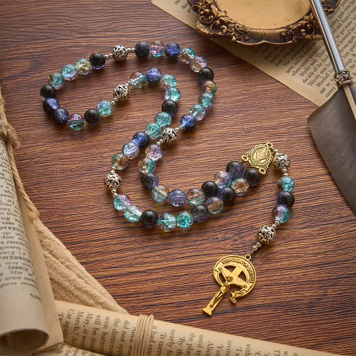Christianartworkshop Galaxy Tone Crackle Glass Rosary With Inscribed Crucifix: Emblem of Timeless Sacred Grace - image 3