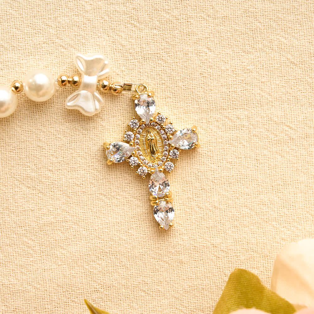 Christianartworkshop Elegant White Pearl Bow Rosary With Our Lady Jeweled Cross: Emblem of Gentle Heavenly Purity - image 7